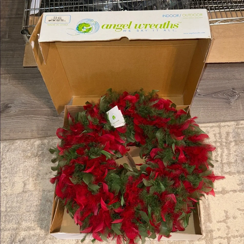 Original Boxed Angel Wreath Crafted of Beautiful Dyed Feathers with Hook